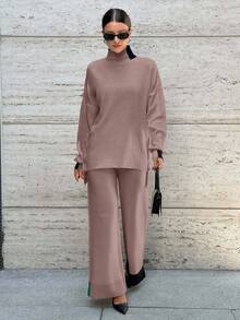 RueChic 2pcs Women''s Casual Contrast Color Long Sleeve Top And Pants Knitted Sweater Set - Dusty Pink - View 1