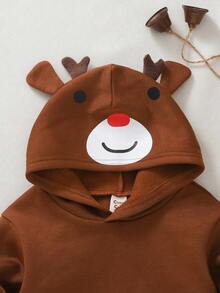 Cozy Pixies Baby Boy Cartoon Christmas Reindeer Pattern 3D Horn Casual Cute Thick Crew Neck Long Sleeve Sweatshirt Autumn Winter Clothes For Girl - Brown - View 3