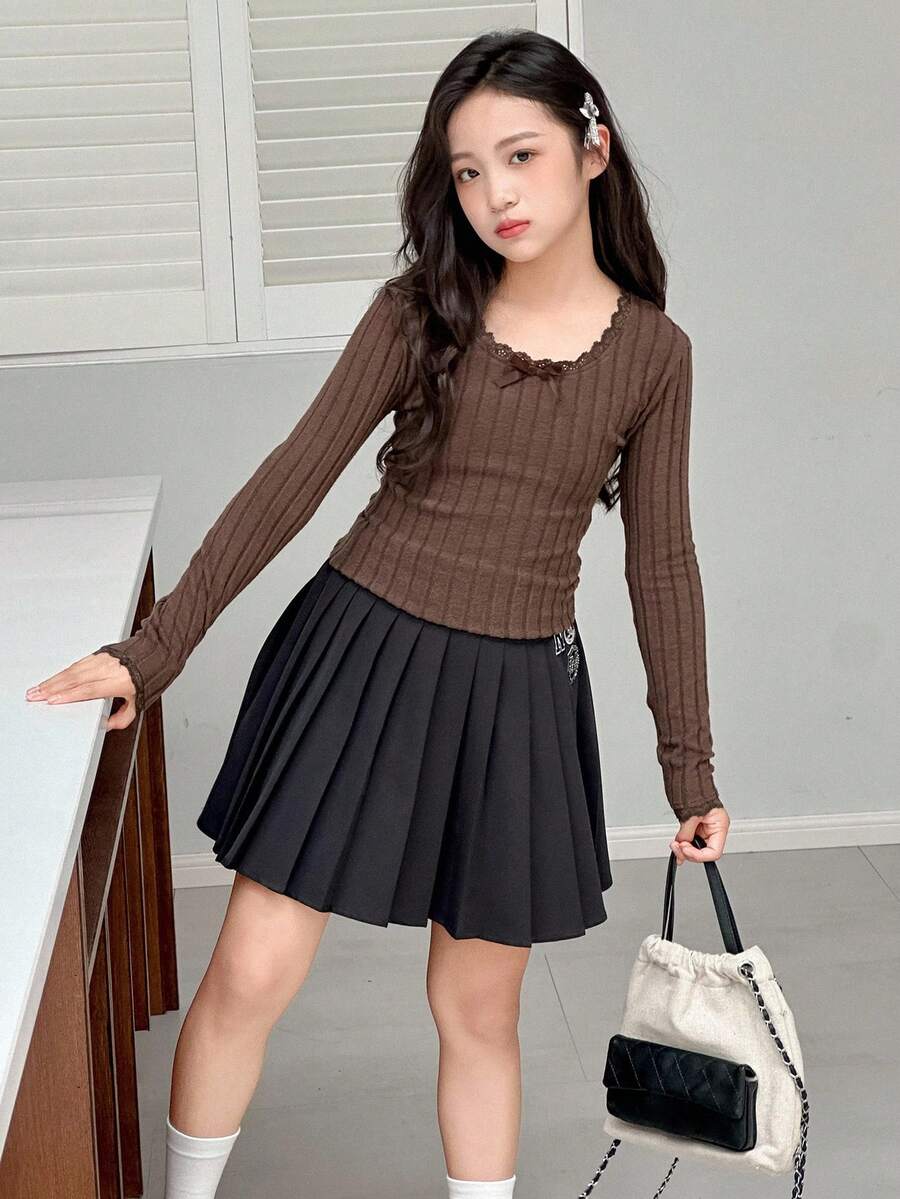 Dazy Kids Tween Girls Crew Neck Fitted Knit T-Shirt, Fall - Brown - View 1