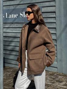 DAZY Women's Autumn/Winter Lapel Patchwork Large Pocket Woolen Coat Jacket - Coffee Brown - View 6