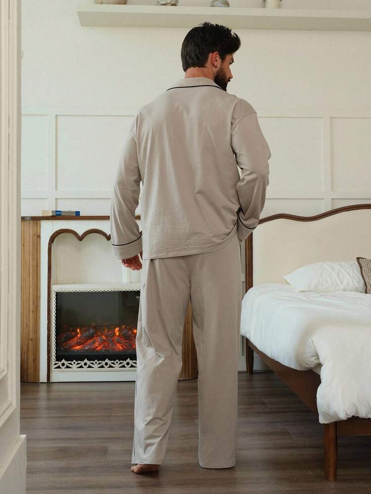 Grey Shirt Paired With Men's Loungewear Set, Autumn, Fall Winter Clothes Pajama