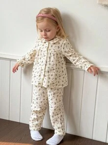 SHEIN Playful Pals 2 pezzi Set di maglietta a maniche lunghe con colletto a volant e stampa floreale e pantaloni per bambine, adatto per autunno/inverno, da indossare in casa o all'aperto - Albicocca - Visualizzare 5