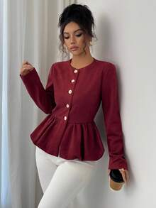 Selianne Women's Elegant Commuter Solid Color Ruffle Hem Jacket - Red - View 5