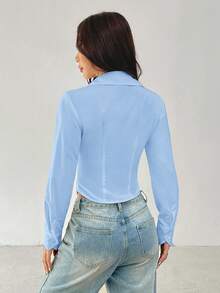 SHEIN EZwear 大码女士休闲商务简约百搭纯色长袖修身衬衫，适合工作通勤，春秋季 - 淺藍色 - 查看 2
