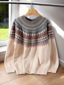 Rusticease Geo Pattern Raglan Sleeve Sweater,Long Sleeve Tops