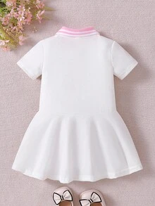 SHEIN 女婴休闲蝴蝶结刺绣马球领连衣裙，夏季 - 白色 - 查看 2