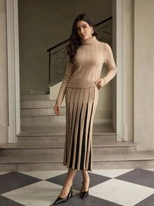 ZEYLAH 2 pièces Ensemble pull col montant ajusté et jupe pour femmes, Automne/Hiver - Nude - Voir 5