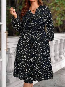 EMERY ROSE Vestido casual de manga farol con bolsillo, cintura con cordón y estampado todo sobre, talla grande, otoño