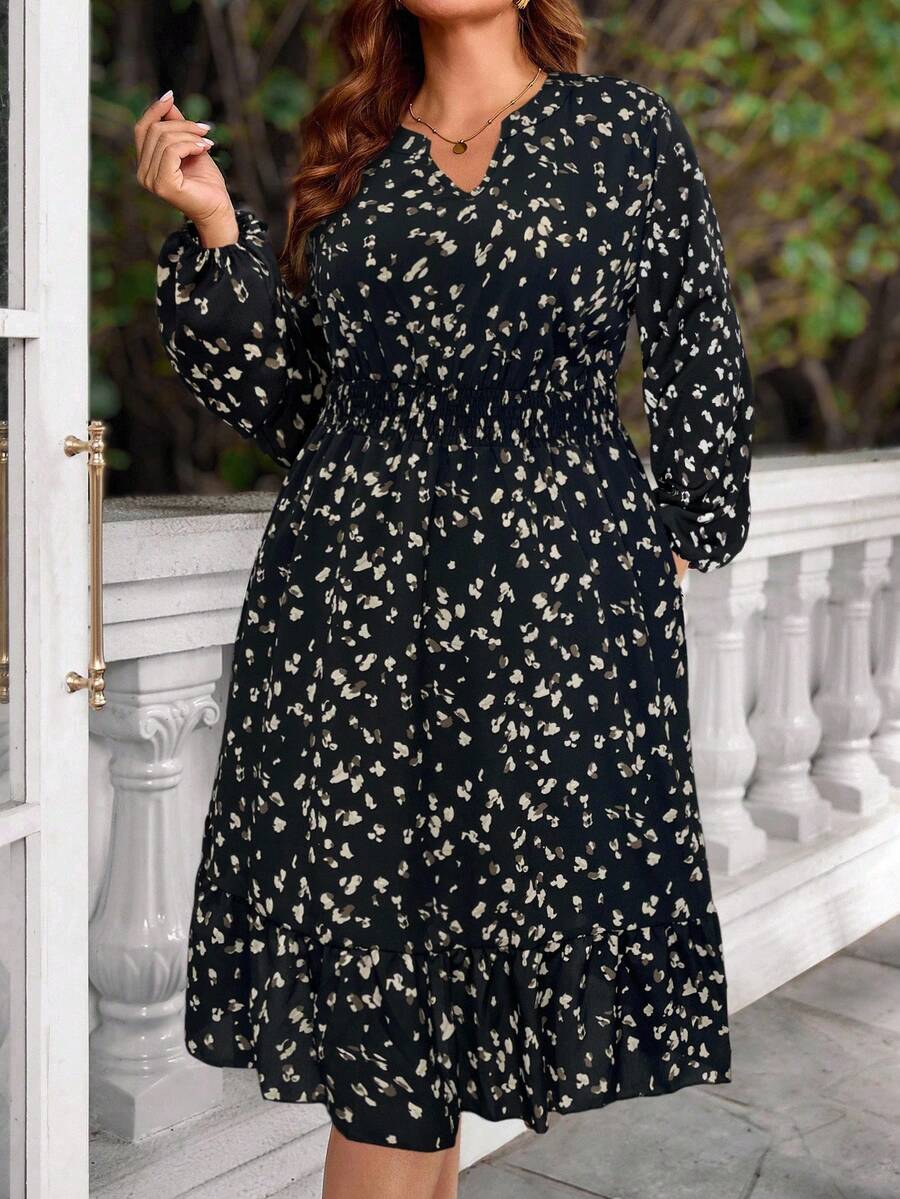 EMERY ROSE Vestido casual de manga farol con bolsillo, cintura con cordón y estampado todo sobre, talla grande, otoño