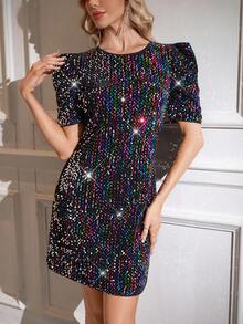 Gownix 闪亮修身圆领短袖女式短裙 - 彩色 - 查看 1