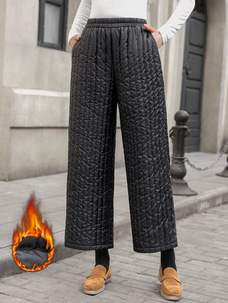 Pantalon droit décontracté matelassé et chaud à taille élastique avec poches, couleur unie pour femmes