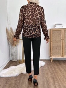 SHEIN LUNE Women's Leopard Print Long Sleeve Shirt And Black Pants 2 Pieces Set,Elegant Chic Autumn Winter Office Outfits For Women - Multicolor - View 2