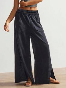 Bohemela Quần nỉ dệt kim rộng rãi màu trơn thường ngày dành cho nữ - màu đen - Xem 4