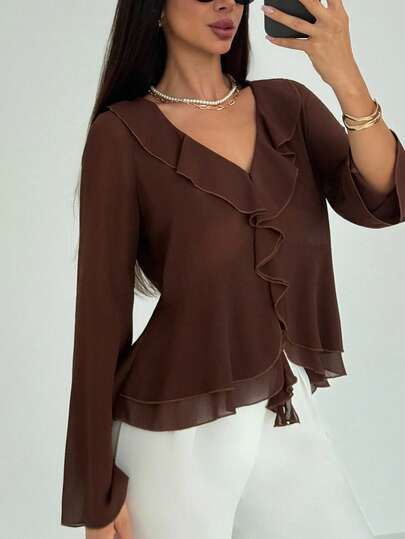 Aloruh Women's New Fashion Commuting Daily Bohemian Style Ruffle Decoration Deep V Neck Long Sleeve Slim Retro Autumn And Winter Brown Shirt