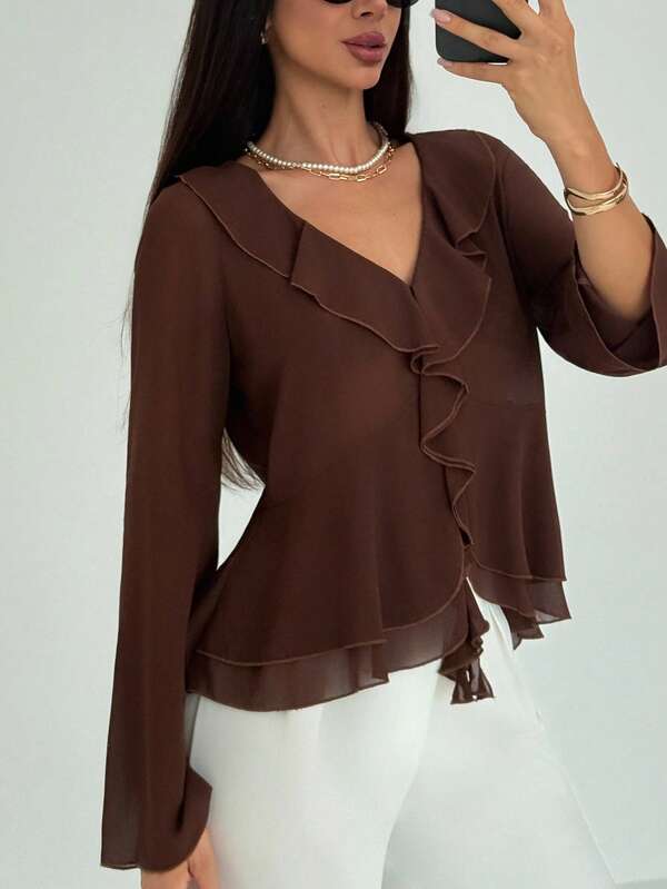 Aloruh Women's New Fashion Commuting Daily Bohemian Style Ruffle Decoration Deep V Neck Long Sleeve Slim Retro Autumn And Winter Brown Shirt