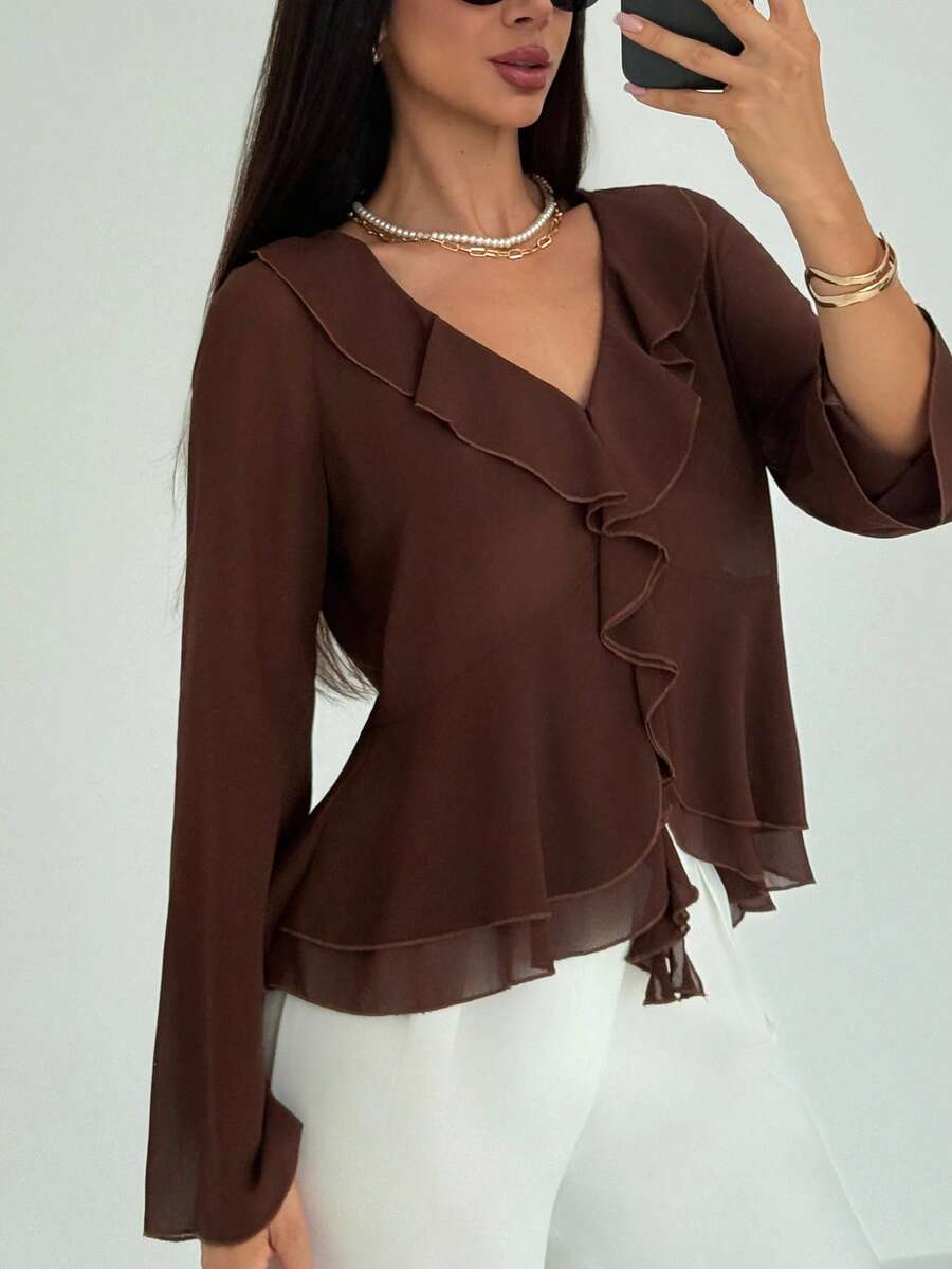 Aloruh 女士新款时尚通勤日常波西米亚风荷叶边装饰深V领长袖修身衬衫