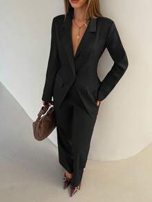 Aloruh Bộ quần áo blazer và quần tây trơn màu dành cho nữ, thời trang đi làm khi đi làm mùa thu đông dành cho nữ - màu đen - Xem 7