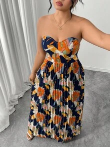 Elenzga 大码女式优雅浪漫花卉印花露肩A字型长裙，夏季度假风 - 藏蓝色 - 查看 4