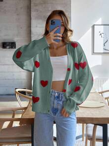 EURMUSE Knitwear Cardigan With Heart Placement Date Sage Green Autumn Cute Romantic - Mint Green - View 5