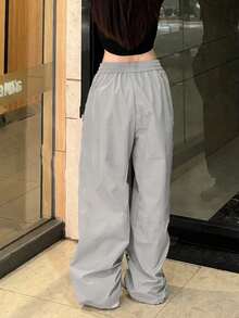 INAWLY 女士抽绳腰部字母五角星印花阔腿宽松休闲宽松长裤 - 灰色 - 查看 2