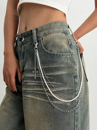 Fairycore 1pc Punk Style Cross Chain Waist Belt, Multi-Layer Iron Alloy Chain Body Chain, Women Personalized Charm Pants Chain, For Pants Decoration, Casual, Music Festival, Party Accessory
