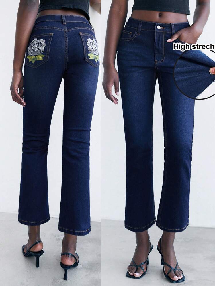 SHEIN Maija Women's Dark Blue Jeans Low-Rise Cropped Flared Comfortable Stretch Denim Pockets Rose Embroidery Autumn New Style Denim Jeans