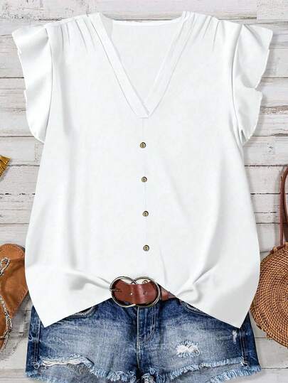 SHEIN LUNE Casual Elegant White Women Shirt, Minimalist Design Suitable For Summer Back To School Season