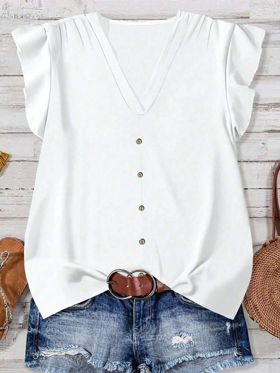 EMERY ROSE Casual Elegant White Women Shirt, Minimalist Style Suitable For Summer Back To School Season Chic Blouses For Women