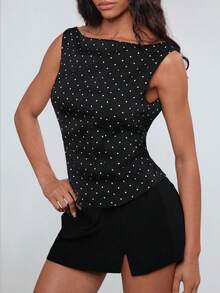 TRNVIE 复古时尚粉色波尔卡圆点印花无袖女式背心，春季 - 黑色 - 查看 4