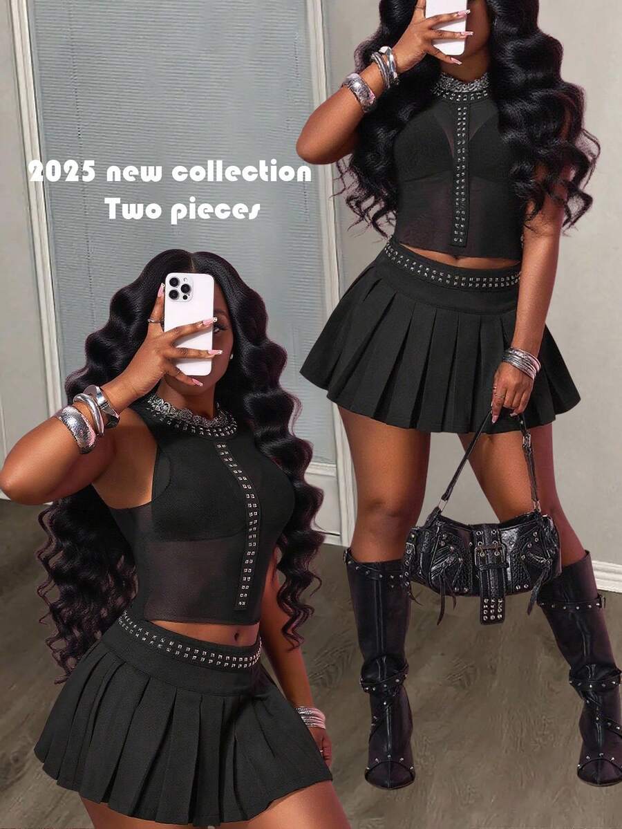 Slaydiva Conjunto de 2 piezas de mujer 2025 de estilo retro Y2K, punk y casual de verano con top de malla transparente de escote redondo sin mangas con detalles de cutíes, y falda plisada con diseño de tejido negro en forma de A - Negro - Ver 1
