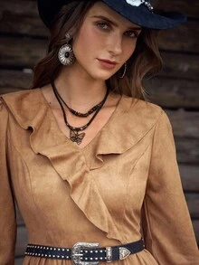 LanaWest Women's Camel Autumn Western Vacation Knitted Suede V-Neck Long Sleeve Flare Elastic Waist A-Line Brown Ruffle Collar Ruched Pocket Maxi Casual Dress - Brown - View 2