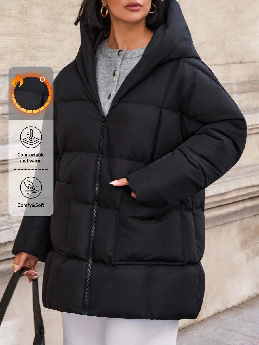 EURMUSE Damen Einfarbiger Kapuzenparka mit Taschenverzierung, Lässig Wintermantel - Dunkelgrau - Übersicht 1