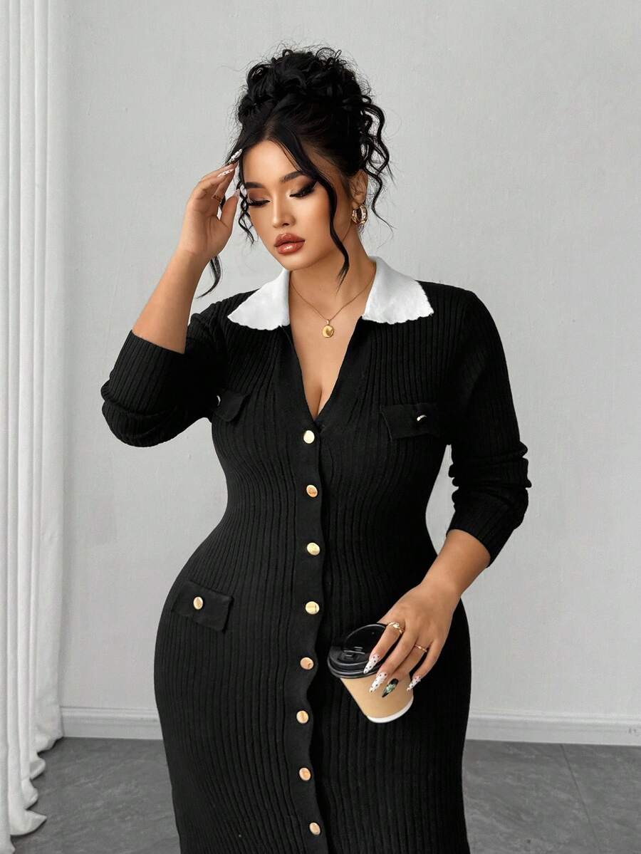 SHEIN Elenzya Plus Size Elegant Commuter Color Block Collar Button Front Knit Dress