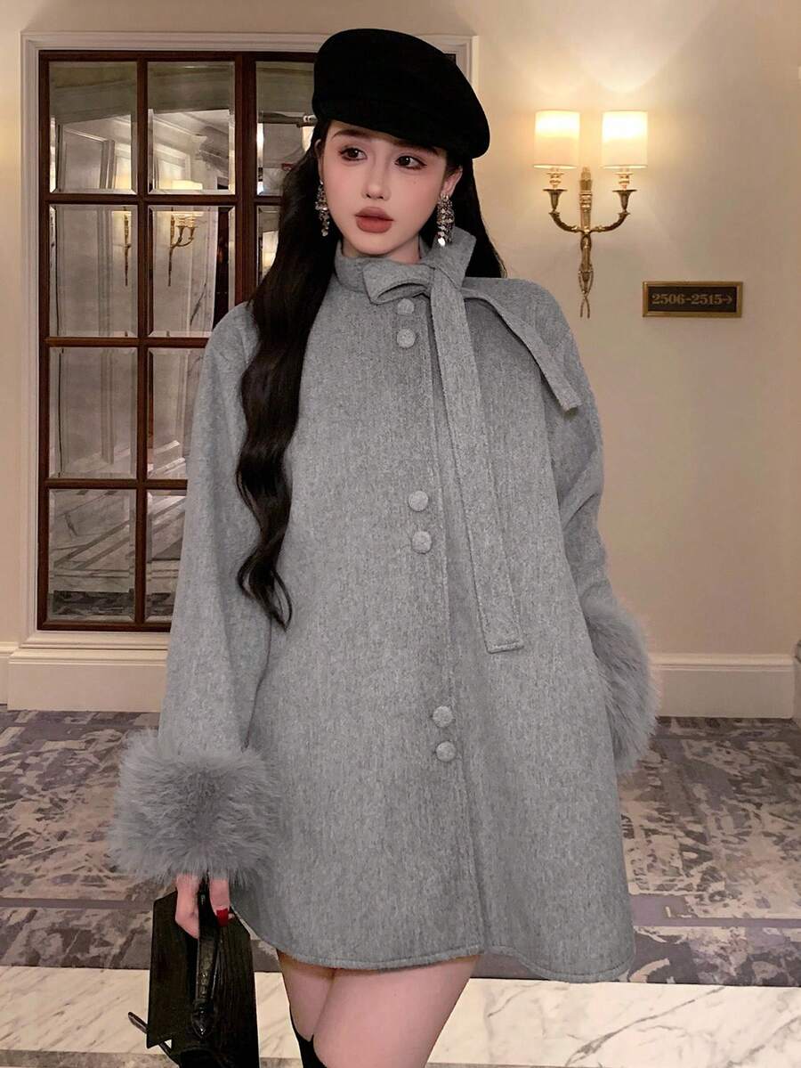 DAZY Women's Autumn/Winter Lace-Up Loose Fuzzy Sleeve Woolen Coat Jacket - Grey - View 1