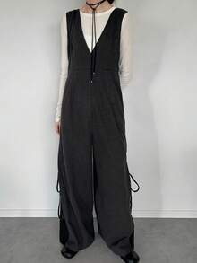FRIFUL 女士纯色侧系带宽松休闲连体裤，秋季简约连体裤，无袖连体裤，阔腿连体裤 - 深灰色 - 查看 2
