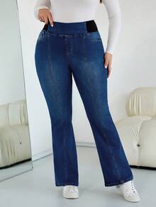 SHEIN CURVE+ Women Plus Retro Dark Blue Autumn And Winter High-Elastic Flared Jeans,All,Halloween Costumes, Country Style For Women, Chic Autumn - Dark Wash - View 9