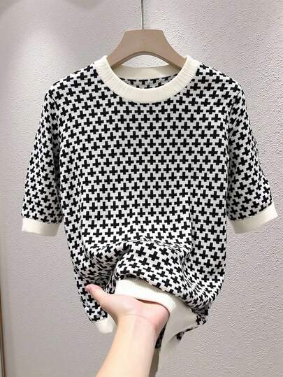 EMERY ROSE 几何图案黑白撞色简约针织毛衣，女式圆领短袖针织T恤，适合日常穿着