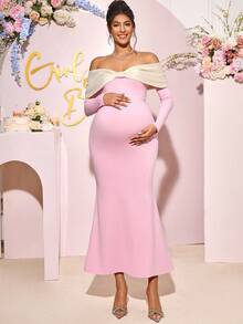 Loomaby 孕妇装拼色长袖露肩鱼尾下摆修身优雅连衣裙 - 粉色 - 查看 4