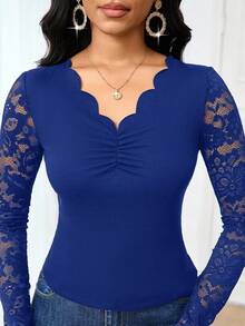 SHEIN Lady 2025新款优雅通勤皇家蓝纯色蕾丝拼接修身长袖T恤皇家蓝上衣外出上衣女士长袖T恤 - 寶藍色 - 查看 8