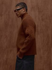 Musero Cárdigan de punto con cuello alto, manga larga, detalles de manga con estampado y cremallera, para otoño/primavera-verano - Marrón - Ver 4