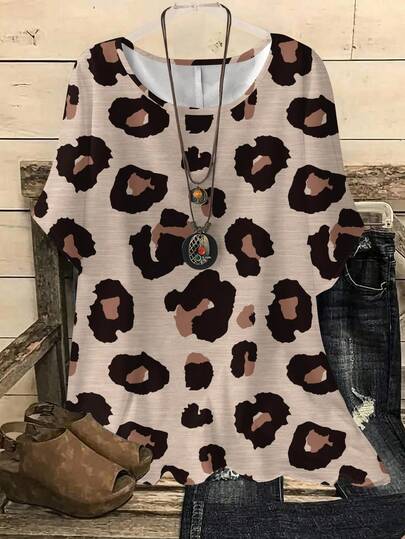 EMERY ROSE Casual Minimalist Leopard Print Loose Fit Round Neck Long Sleeve Plus Size Shirt, Suitable For Summer Chic Blouses For Women,Spring
