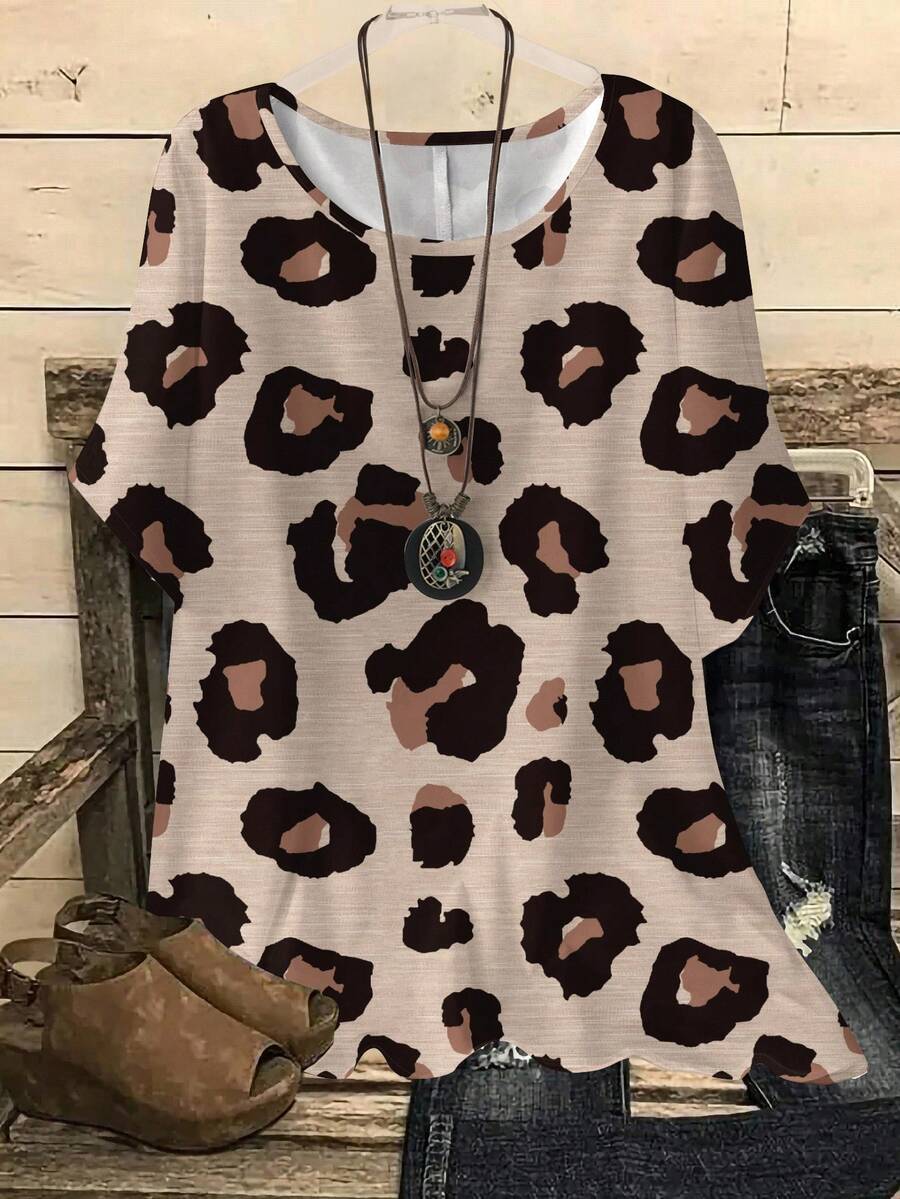 EMERY ROSE Casual Minimalist Leopard Print Loose Round Neck Long Sleeve Plus Size Shirt Suitable For Summer - Black - View 1
