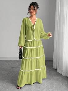 SHEIN Tall 大码女式编织纹理长袖系带前拼色荷叶边下摆开衫和中长裙两件套，法式优雅浪漫 - 綠色 - 查看 5