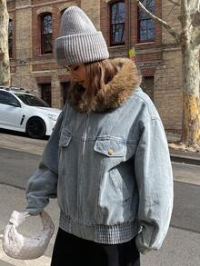 Livesso Damski, swobodny, zapinany na zamek, pikowany płaszcz z kieszeniami, styl uliczny, kurtka jesienno-zimowa - Niebieski - Zobacz 2