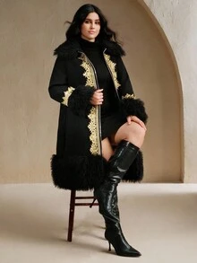 Anewsta Manteau en laine mélangée vintage brodé de ruban moelleux pour femmes grandes tailles, automne/hiver. Élégant, chic, , convient pour Noël, sortie