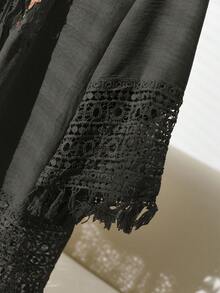 CosyJoli Camisa casual de vacaciones con parches de encaje y flecos en el bajo, talla grande