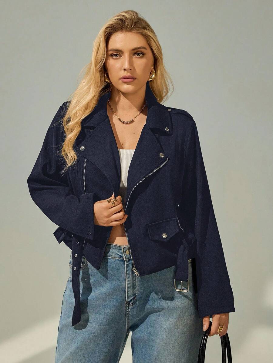 SHEIN Essnce Plus Size Casual Versatile Suede Biker Jacket, Autumn/Winter - Navy Blue - View 1