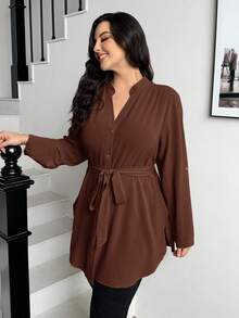 SHEIN Essnce 大码女式秋冬宽松休闲长袖棕色长衬衫，V领，适合工作、教师、返校、办公室穿着，秋季上衣 - 棕色 - 查看 6