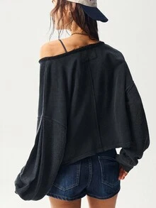 Bohemela 波西米亚风秋冬女式休闲纯色V领长袖宽松水洗黑色卫衣，西部乡村风格，适合度假、日常穿着及返校季。 - 黑色 - 查看 5