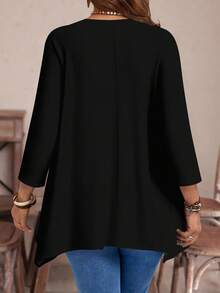 EMERY ROSE Plus Size Women's Casual Asymmetrical Hem Round Neck Loose 3/4 Sleeve T-Shirt, ,Spring/Summer/Vacation - Black - View 2